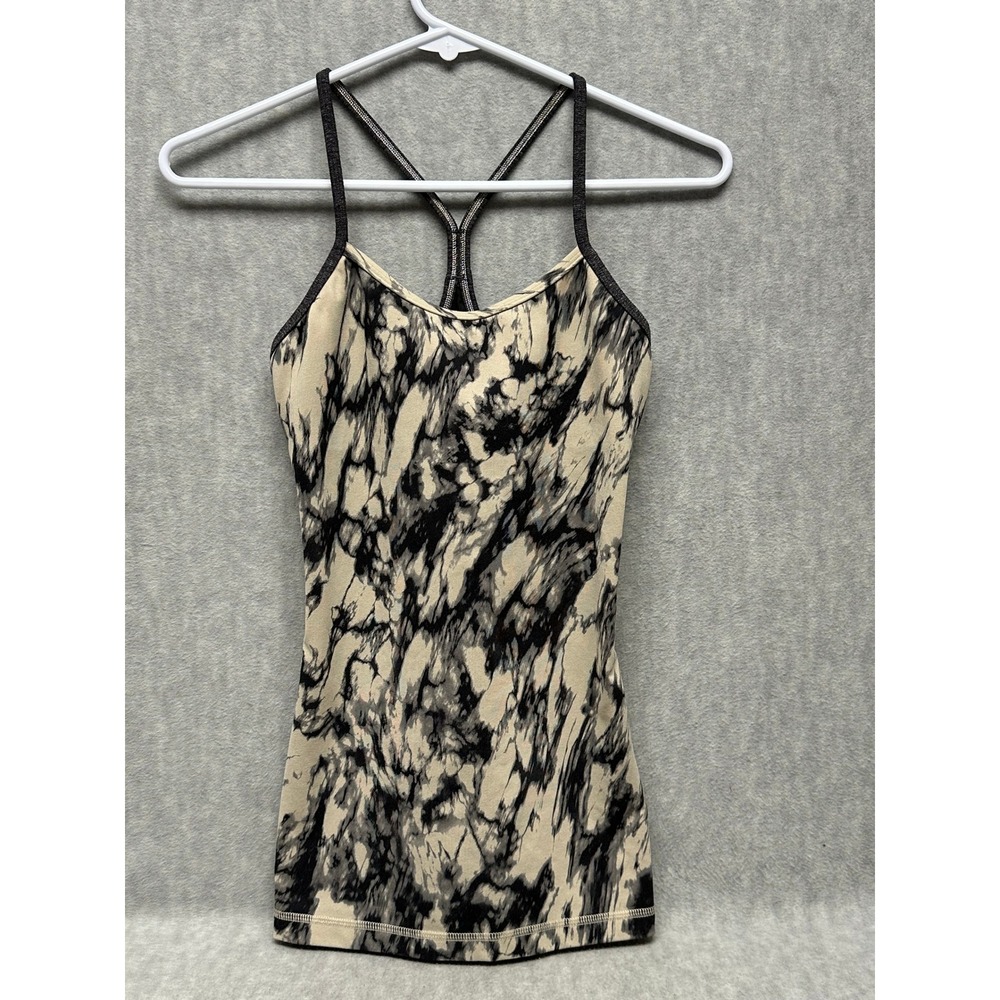 Lululemon Power Y Tank Top Sz 4 Black White Marble Print Built-in Bra Camisole